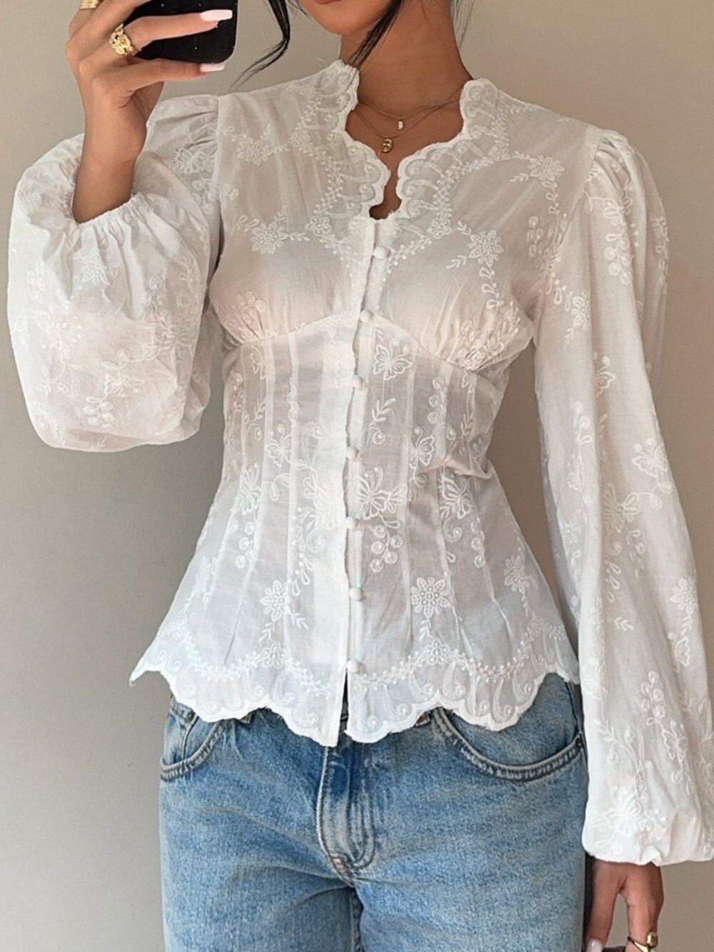 Beige Elegant Women's Contrast Lace Embroidery Frill Bishop Sleeve V-Neck Top